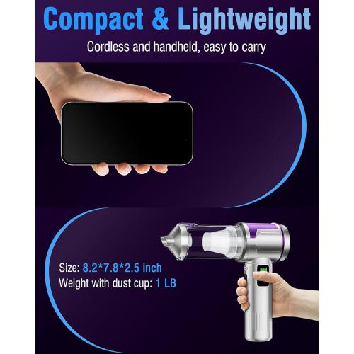 Handheld Car Vacuum Portable Cordless, 22000Pa High-Power Suction Hand held Vacuum Cleaner & Air Duster for Car Cleaning, Home, Office, Pet Hair | Multi-Nozzle, Washable Filter, LED Light