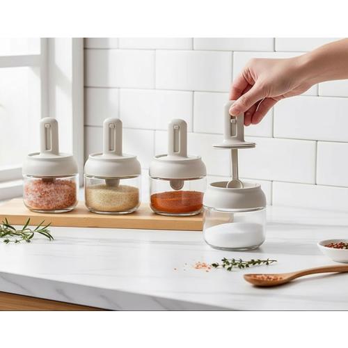 Povinmos® 3 Piece Glass Salt Container | Storage | Pepper,Table Salt, Sugar,Gourmet Salts,Spice |Chili Herbs |10 oz |Glass Salt Container with Lid and Retractable Spoon