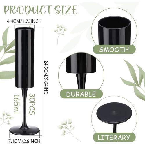 Domensi 30 Pcs Champagne Flutes Bulk Acrylic Goblet 6 oz High Stem Wine Glasses Champagne Cup Unbreakable Reusable for Christmas Halloween Valentine Birthday Wedding Party Decorations (Black)