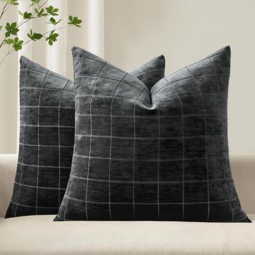 MIULEE Decorative Chenille Check Throw Pillow Covers Vintage Plaid Couch Pillows 20x20 Inch Set of 2 Neutral Boho Farmhouse Cushion Covers Modern Home Decor for Sofa Bed Living Room Black