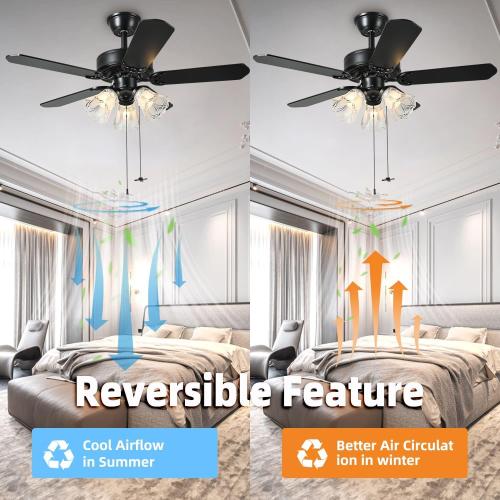 42 Inch Indoor Ceiling Fan with Pull-Chain and Three LED Light Bulbs Base, Traditional 3-Speeds Reversible Blades Ceiling Fan (Black)