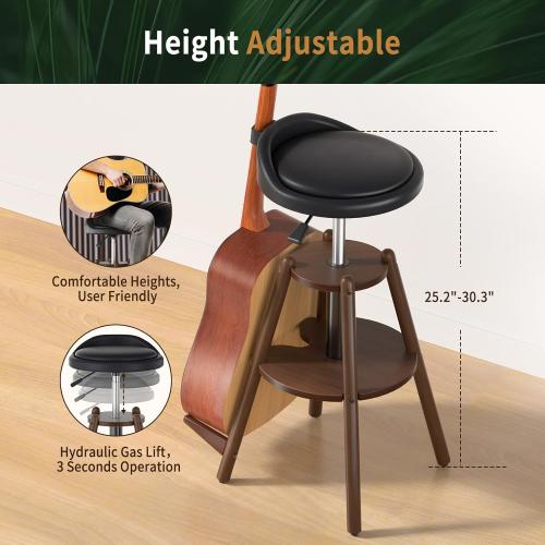 Ackitry Wooden Guitar Stool with Height Adjustable, Guitar Chair Seat with Guitar Strap, Padded Cushion, Footrest for Guitar Player Musician Adults, Guitar Stand Holds Acoustic Electric Guitars Bass