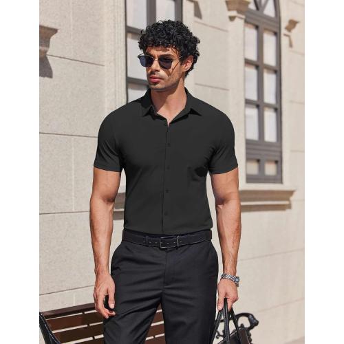 COOFANDY Mens Muscle Fit Dress Shirts Stretch Wrinkle Free Short Sleeve Button Down Shirt Casual Solid Untucked Shirt (XL)