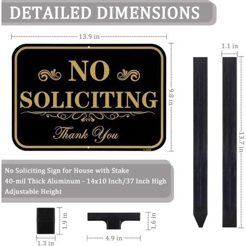 Large No Soliciting Sign with Stake,14 x 10 Inch 40-mil Thick Aluminum,37 Inch Long Adjustable Height,Outdoor Metal No Soliciting Yard Sign for House/Front Door and Business