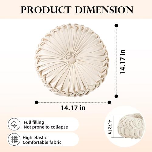 Round Throw Pillow Velvet Home Decoration Pleated Round Pillow Cushion for Couch Chair Bed Car Light Blue