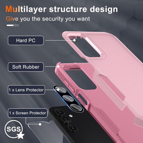 RMOCR Case for Samsung Galaxy A16 5G, Full Body Heavy Duty Rugged Shockproof Protective Phone Cover with Lanyard Strap, Tempered Glass Screen Protector and Camera Lens Cover, Cute Pink