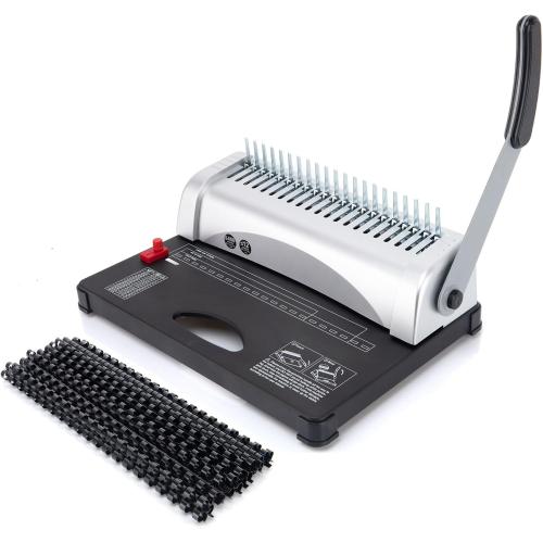 Silver and Black Binding Machine,Spiral Binding Machine 21-Holes,450 Sheets,Coil Binding Machine with Starter Kit 100 PCS 3/8''Comb Binding Spines,Comb Binding Machine for Letter Size,A4,A5 or Smaller Sizes