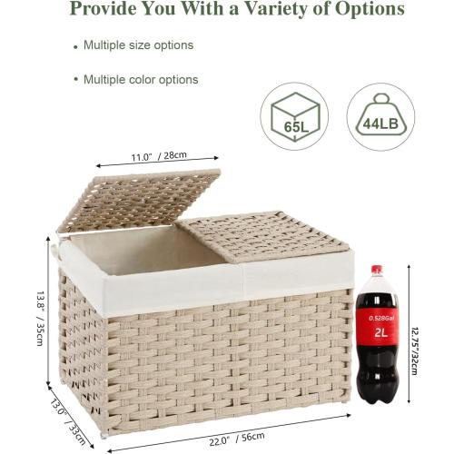 SETVSON Storage Basket with Lid Rattan Woven Storage Baskets with 2 Separate Lids, 17.2 Gallon (65 L) Wicker Storage Bins Foldable 2 Removable Liner Bags Handles for Bedroom, Laundry Room Light Khaki