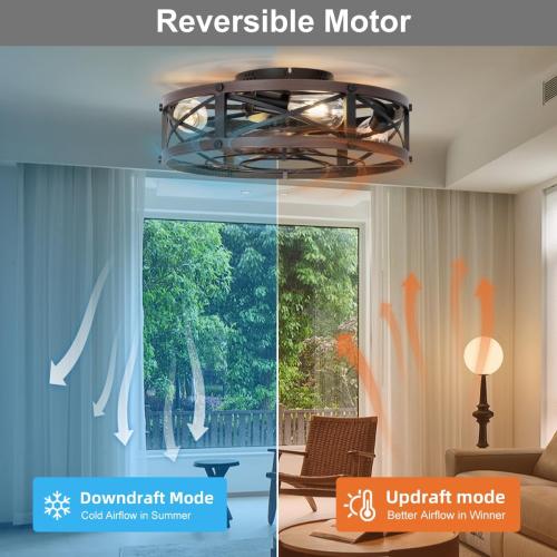 SHLUCE 19 Caged Low Profile Ceiling Fan with Light, Farmhouse Small Flush Mount Ceiling Fans with Lights and Remote, Rustic Bladeless Ceiling Fan with Light for Bedroom, Kitchen, Brown - ETL