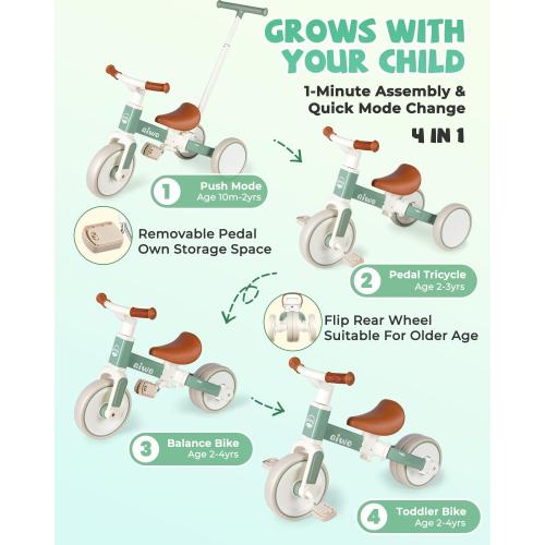 aiwo 5in1 Tricycle for Toddlers 1-3, Toddler Balance Bike for 1 to 4 Year Old Kids Boys Girls First Gift, Ride-on Toys Toddler Bike with Push Handle (Steering)