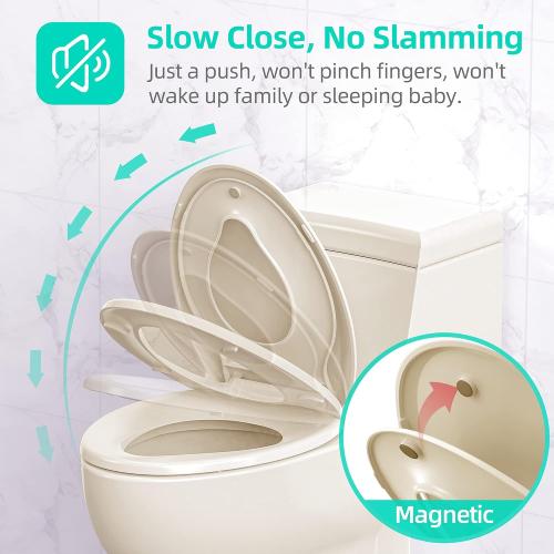 Elongated Toilet Seat with Built-in Potty Training Seat for Toddlers& Adults, Slow Close, Never Loosen, Heavy Duty, Ergonomic, Space Saving Toddler Toilet Seat, (Elongated 18.5, Oval, Bone/Almond)