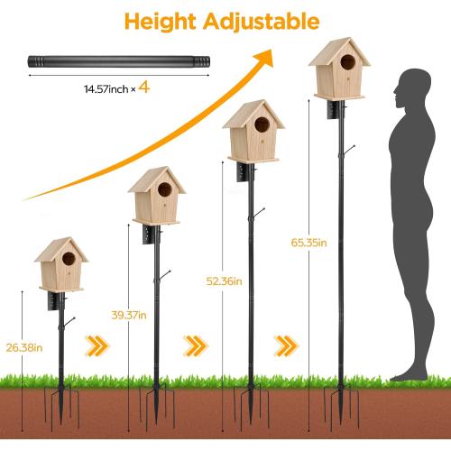 Bird House Pole Kit, Heavy-Duty Adjustable Pole for Outdoors with 5 Prongs Base,Metal Universal Support Pole for Bird Feeders,Solar Pannel,Black
