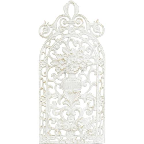 Sungmor Vintage Cast Iron Wall Plaque - Antique Style Carved Artwork, Decorative Metal Art Panel - Intricate Scroll and Floral Vase Design - Rustic Home & Garden Décor - 18 x 8, White