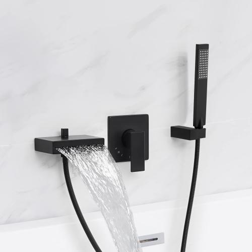 KES Tub Faucet Wall Mounted with Waterfall Spout, Bathtub Faucet with Shower Hand-Held Tub Filler Matte Black (Rough-In Valve and Trim Kit Included), XB6220-BK
