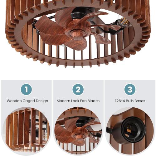 20'' Flush Mount Caged Ceiling Fan with Light, Wooden Low Profile Ceiling Fan with Light and Remote, 6 Speed and Reversible, Farmhouse Bladeless Fan Lights for Bedroom, Kitchen