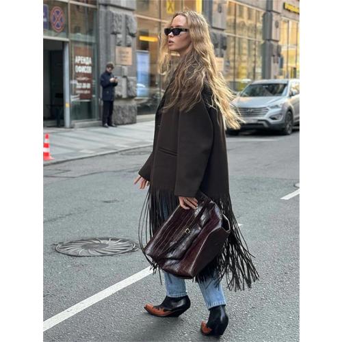 Women Woolen Tassels Long Coats Turn-Down Collar Single Breasted Pockets Jacket Elegant Solid Overcoats