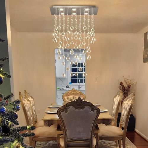 Glam Crystal Chandelier with Bulb Rain Drop Pendants Ceiling Light LED Lighting Rectangular Dining Room Light Fixture for Kitchen Island Dimmable LED Light