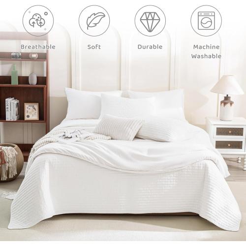 Sanracie Stonewashed Oversized King Bedspread(118x106), Cotton Milk White California King Quilt Coverlet Cross Stitch Ultra Soft Lightweight 3Pcs Crinkle Bed Coverlet Set for All Season