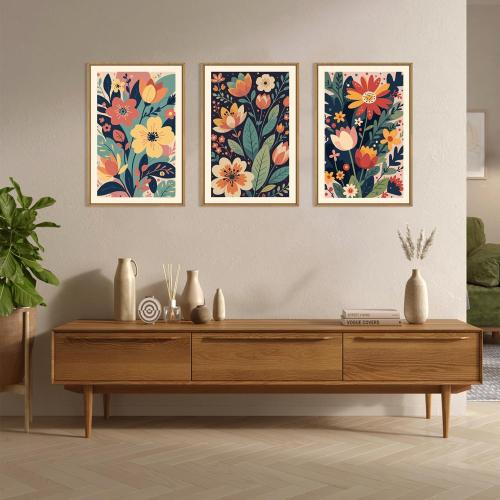 KAIRNE Vintage Colorful Floral Framed Canvas Wall Art Set,Mid Century Modern Flower Wall Decor,Retro Wildflower Art Prints,Boho Botanical Artwork for Living Room,Bedroom,Farmhouse,Office-16 x24 x3