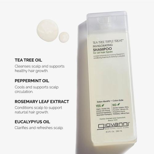 GIOVANNI Tea Tree Triple Treat Invigorating Shampoo - Cooling Peppermint, Eucalyptus & Rosemary, Helps Strengthen & Rejuvenate Hair & Scalp, Salon Quality, Paraben Free, Tea Tree Shampoo - 8.5 oz