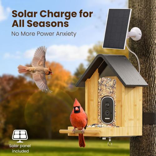 Bird Feeder with Camera, Smart Bamboo Bird Feeder, 2.5K UHD AI Identification, Real-time Videos & Pictures, Wireless Solar Powered Outdoor, Ideal for Garden Birding, Premium Present