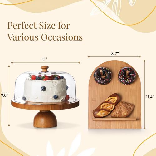 Emojoy Bamboo Cake Stand with Lid, 11in Round Cake Stand with Dome, Versatile Dessert Table Display Set, Cake Display Stand with Acrylic Dome, Charcuterie Boards for Birthday, Party
