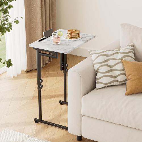 Fleecy day TV Tray, Folding TV Dinner Table, Adjustable Small C-Shaped End Tray for Eating, Foldable Slide Under Couch Side Table for Recliner, Living Room, Bedroom,No Assembly Required(White Marble)