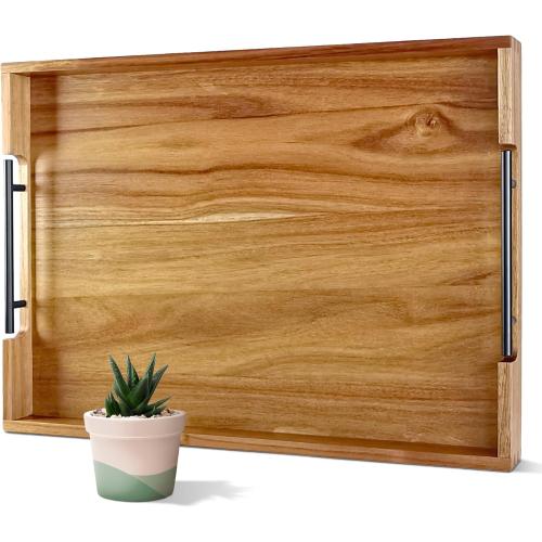 22 Inches Acacia Wood Serving Tray with Metal Handles, Large Wooden Rectangle Ottoman Tray, Decorative and Durable Design for Living Room Coffee Table Couch Kitchen