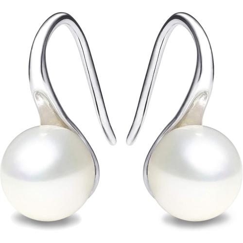 925 Sterling Silver Hoop Handpicked AAA  Quality 7.5-8mm White Freshwater Cultured Pearl Dangle Drop Earrings Jewelry for Women