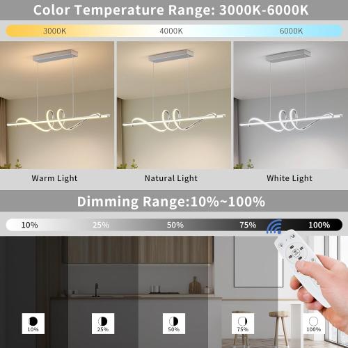 Size 47in Modern LED Pendent Lights Kitchen Island,3000k-6000K Adjustable Color Dining Room Light Fixture,Dimmable with Remote Control Aluminum for Kitchen, Living, Dining,Bedroom(47in Chrome Silver
