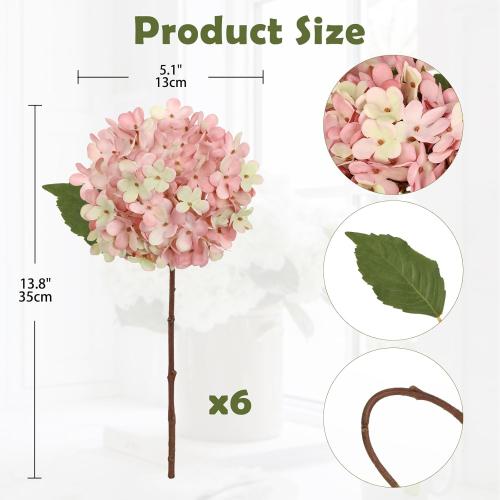 Hollyone 6PCS Pink Hydrangea Artificial Flowers Artificial Hydrangeas Silk Flowers for Home Decor Indoor Wedding Flower Faux Flower Kitchen Centerpiece Table Decorations
