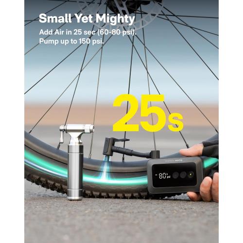 HOTO Mini Bike Tire Pump, 25s Fast Inflate Bicycle Pump with Guage, 150PSI Portable Electric Bike Air Pump with Presta and Schrader Valve for Road Bike, Motorcycle, Mountain Bike, Car, Sports Ball