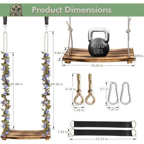 2026 Upgraded Large Wooden Swing Seat, 24x 8, Hanging Tree Swing for Adults & Kids, 500lbs Load, Adjustable Nylon Rope & Tree Straps, Indoor/Outdoor Swings with Purple Floral Garland
