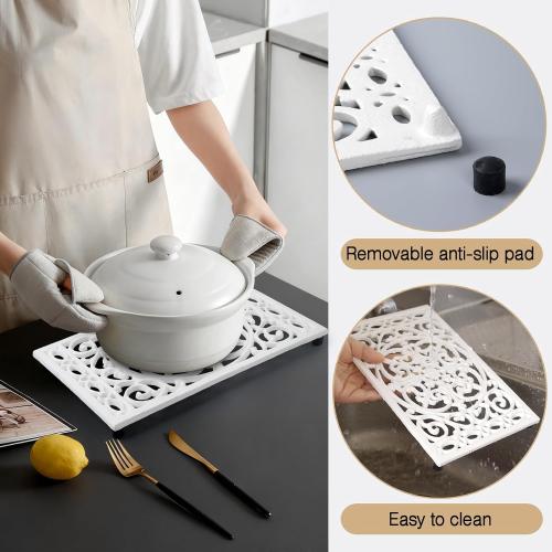 Notakia 9.6 X 6.3 Inch Cast Iron Trivet Set, Large Metal Trivets for Hot Dishes Pots Pans Decorative Kitchen Trivets, Heat-Resistant Trivet Mats for Quartz Countertops, Table Cooktop (White, 1 Pack)