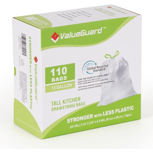 ValueGuard Large Trash Bags 13 Gallon Tall Kitchen Drawstring 100% Post-Consumer Recycled Garbage Bags Waste Bag for Office 0.6 Mil (110 Count)