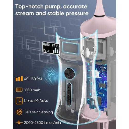 Color Pink MySmile LP221 UVC Sterilizable Cordless Water Flossers for Teeth 335ML Portable OLED Display Dental Flosser with 4 Modes 8 Jet Tips and a Storage Pouch for Home and Travel (Juicy Pink)