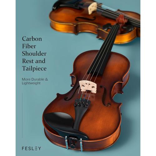 Fesley 4/4 Violin Fiddle Full Set: Matt Violin Kit for Beginners, Acoustic Violin with Hard Case, Solidwood Hand Made Starter Kit with Bow, Shoulder Rest, Tuner, Extra Strings