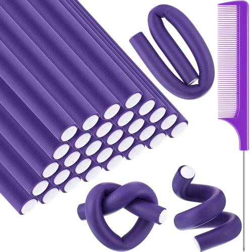 Syhood 30 Pcs Flexible Curling Rods 9.45 Twist Foam Rollers Soft Foam No Heat Hair Rods Rollers and 1 Steel Pintail Comb Rat Tail Comb for Women Long Short Hair(Purple,9.45 x 0.55 Inch)