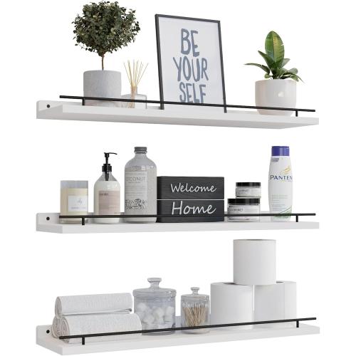 WOPITUES Floating Shelves 24 inch with Gold Metal Guardrail, Shelves for Wall Decor Set of 3, Wall Shelves for Bedroom, Bathroom, Kitchen, Living Room, Plants, Picture Frames, Art- Black and White