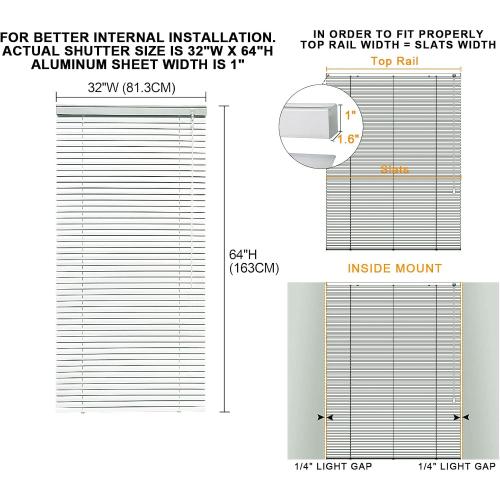 Cordless 1 Mini Blinds Suitable for 32.5 W x 64 H Windows Darkening Waterproof Aluminum Heat Resistant Horizontal Window Blinds & Shades Hidden Install for Bedroom,Kitchen,Bathroom