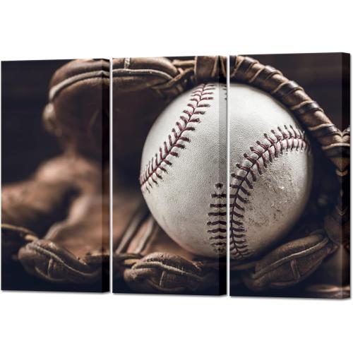 iLOOKLiKE 3 Panels Retro Baseball Canvas Wall Art Vintage Baseball in Glove Poster Sports Pictures Wall Decor for Boy's Room Living Room Decoration Stretched and Framed Each Size Medium
