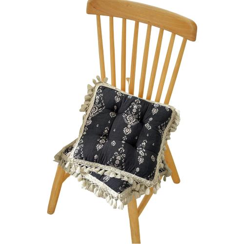 Set of 2 Floral Printed Chair Pads with Tassels Cotton Linen Square Chair Cushions Seat Cushion for Living Room Kitchen and Officewooden Chair (Black)