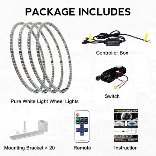 15.5 Inch Cool White Rim Lights,Wheel Light for Cars,Pure White Wheel Lights,6500k Cool White,IP68 Waterproof,Rocker Switch Control,Double Row LED Beads（4 Pcs ）