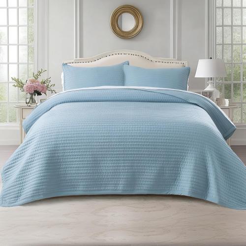 Oversized King Quilt Set 112x106 – Soft Washed 3-Layer Lightweight California King Bedspread, Minimalist Nordic Design, All-Season Spring & Summer Quilt Set (1 Quilt   2 Pillow Shams), Blue
