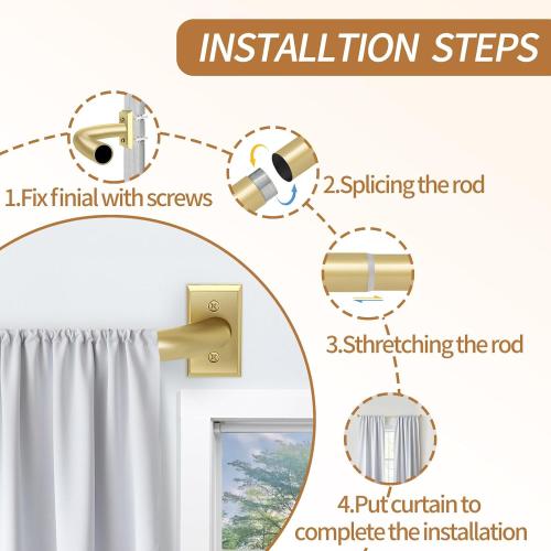 Gold Curtain Rods, Room Darkening Rod for Windows 48 to 90 Inches(4-7.5Ft), Wrap Around Curtain Rods, Heavy Duty Blackout Drapery, Modern Decorative Window Treatment Rod, Gold