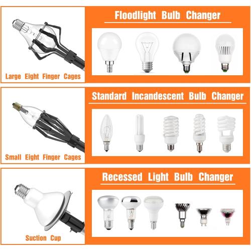 Size 26FT Reach Light Bulb Changer for High Ceilings, Light Bulb Changer with Baskets and Suction Cup for Recessed Lights with 5-20FT Telescoping Extension Pole