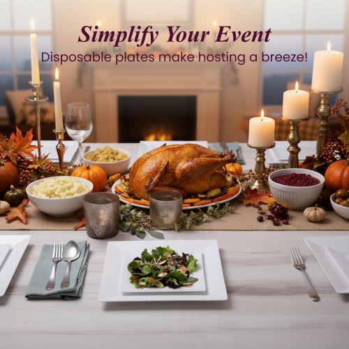 Aya's 100ct Square Plastic Disposable Plates, White - 9.5-Inch 50 Dinner and 6.5-Inch 50 Salad Plates for Party - Heavy-Duty Hard Plastic Design for Wedding, Event, Christmas, and Thanksgiving