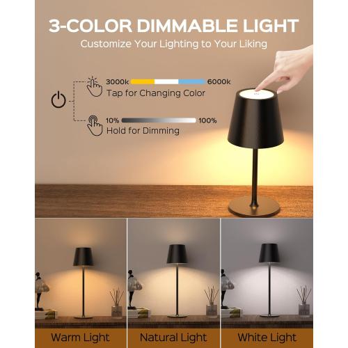 JACKYLED Cordless Table Lamps Rechargeable, 3 Adjustable Height, 5000mAh Battery Operated, 3 Colors Smooth Dimming, Portable LED Waterproof Table Lamp for Dining, Bedroom, Outdoor- Black
