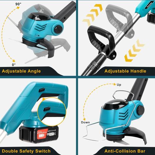 Blue Electric Weed Wacker Cordless, Electric Grass Trimmer 21V 4.0Ah Battery Powered Weed Trimmer, 3 in 1 Lightweight Brush Cutter/Edger/String Trimmer with 2 Types Blade & for Garden and Yard Lawn