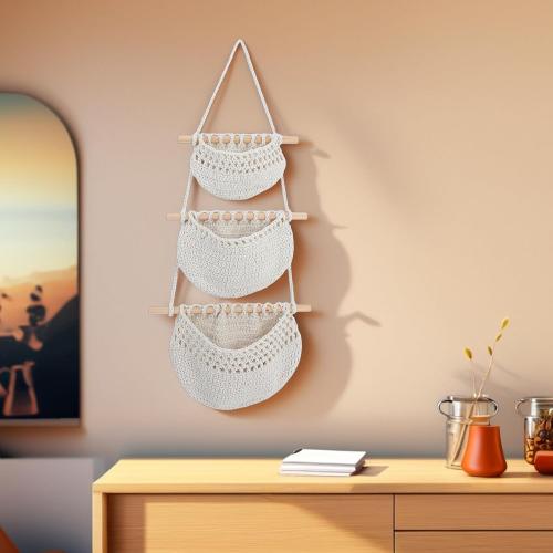 Convenient Fruit Basket Hanging Storage Basket Made of Cotton Rope and Wood with Practical Design and Fresh-keeping Feature for Living Room and Dining Room